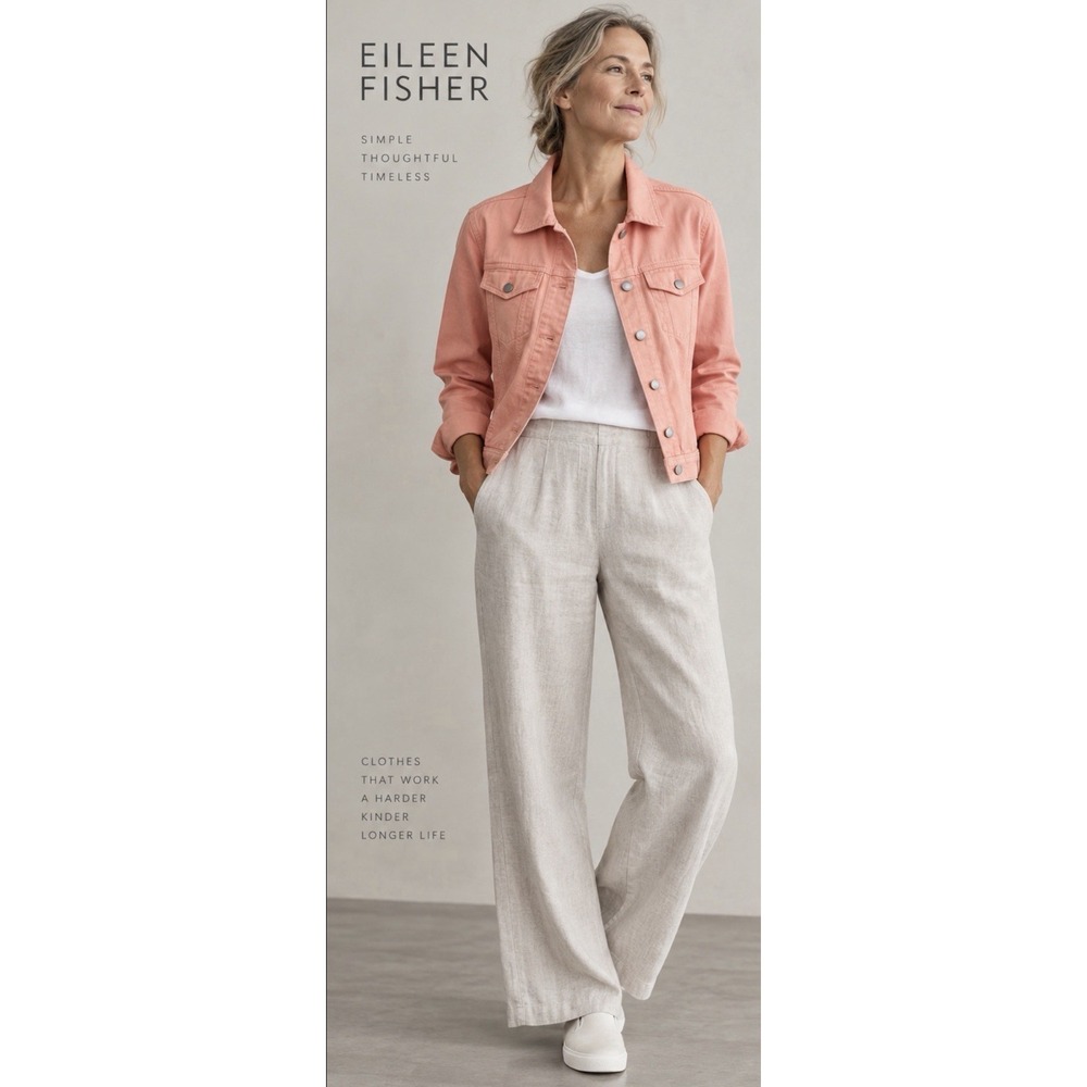 Eileen Fisher Denim Jacket L Coral Pink Organic Cotton Stretch Jean Trucker